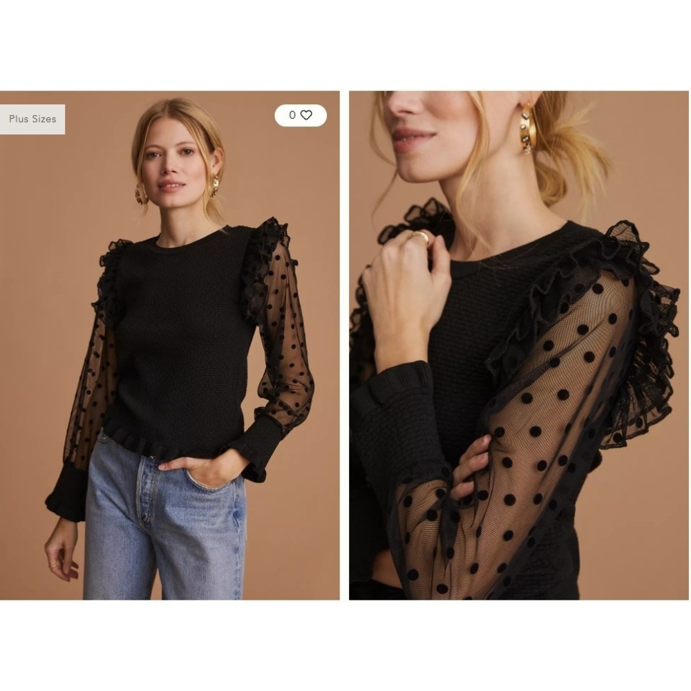 Maeve Black Ruffle Dot Mesh Sleeve Sweater Top